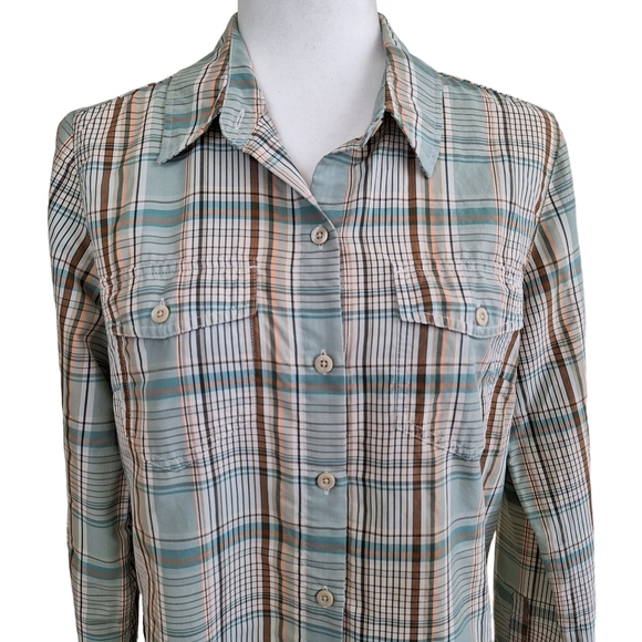Patagonia Aqua and Tan Plaid Pattern Hiking Convertible Roll Up Sleeve Shirt 10 - Picture 2 of 9